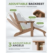 Folding Adirondack Chair with Retractable Ottoman Footrest, Wood Grain HDEP All Weather Fire Pit Chair with 2 Cup Holders for Outdoor, Classic Brown