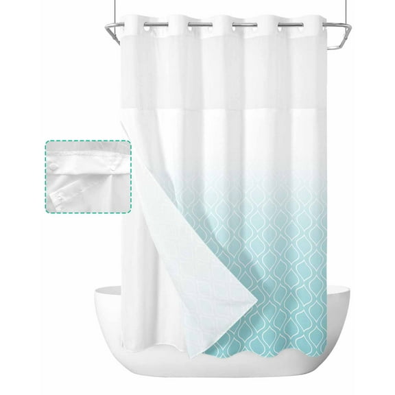 No Hook Shower Curtain with Snap in Liner, Blue White Ombre Geometric Trellis Morrocan Hotel Shower Curtains for Bathroom, Washable Shower Curtain Liner Set with Mesh Top Window, 54"x78"