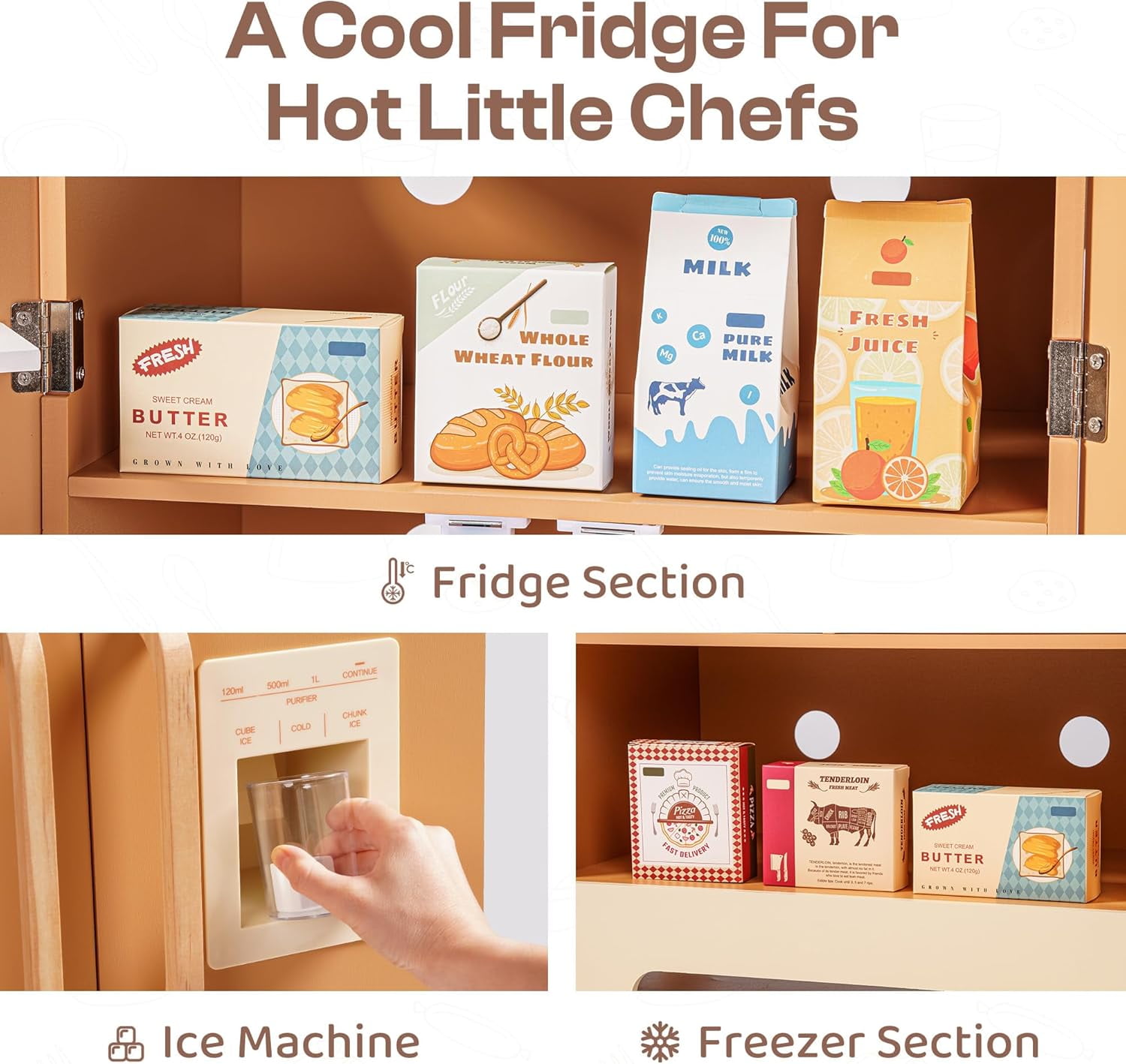 Robud Play Kitchen for Toddlers,Fridge Refrigerator with Ice Dispenser,Wooden Kids Play Kitchen Playset Toy,Gift for Ages 3+,Caramel