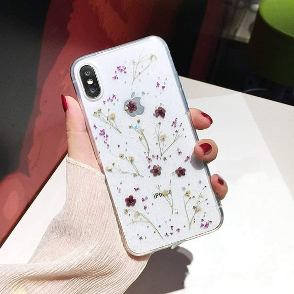 iPhone 8 Plus Flower Case, Shinymore Soft Clear Flexible Rubber Pressed Dry Real Flowers Case Girls Glitter Floral