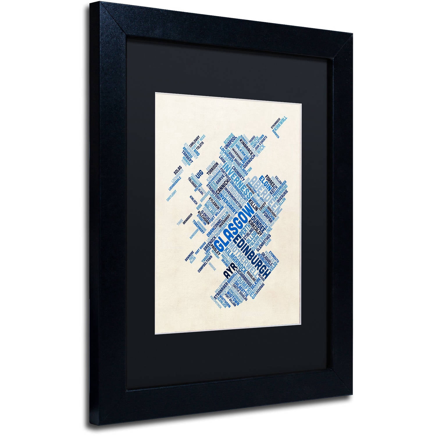 Trademark Fine Art "Scotland Typography Text Map 5" Canvas Art by Michael Tompsett, Black Matte, Black Frame