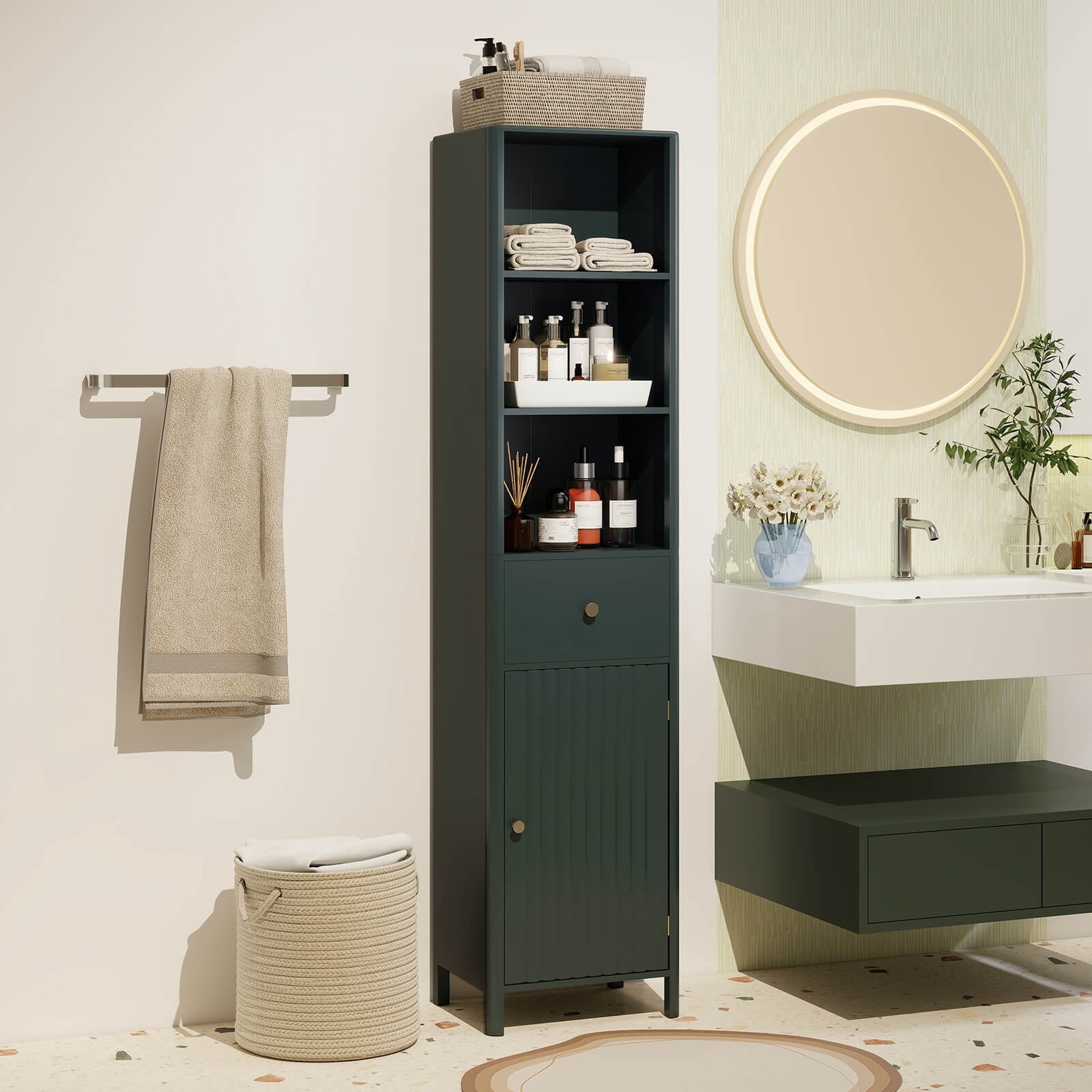 Costway 67” Tall Bathroom Cabinet with 3 Open Shelves, 1 Drawer, Adjustable Interior Shelf Green