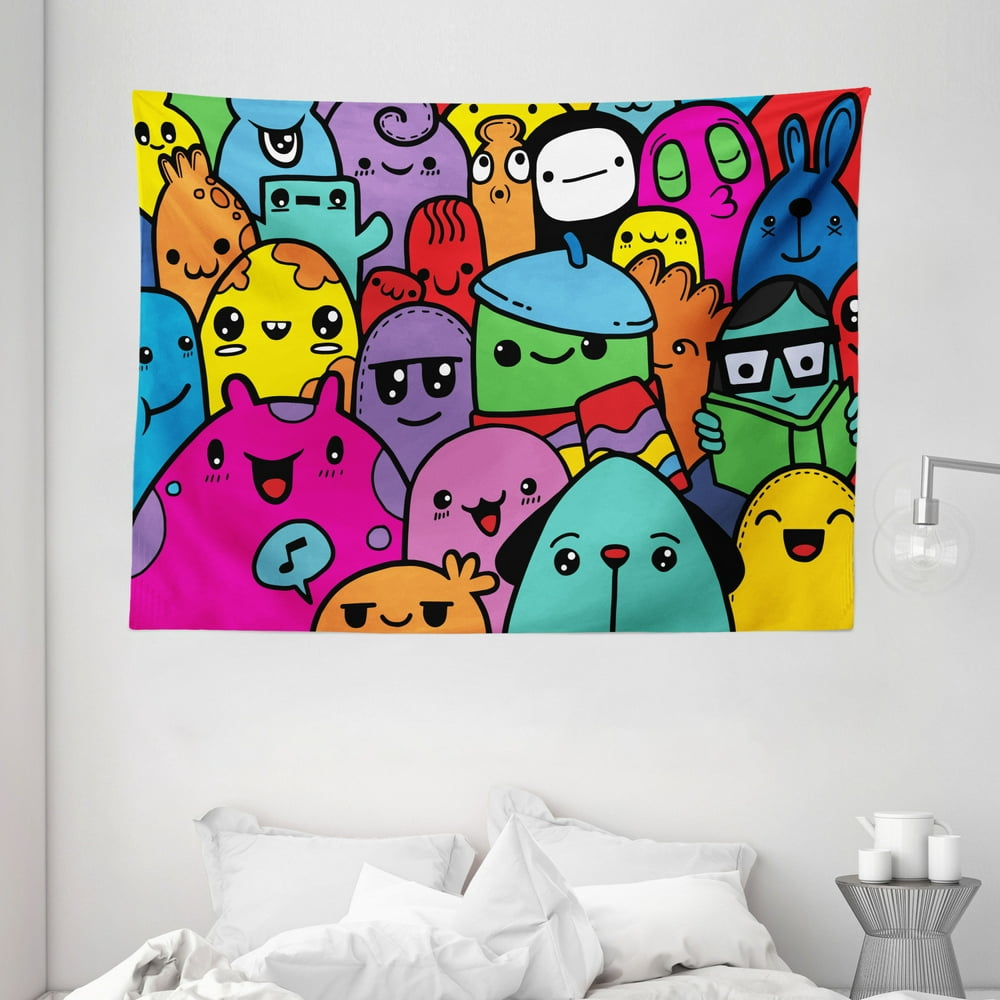 Indie Tapestry, Hand Drawn Colorful Doodle of Funny Cute Crazy Monster