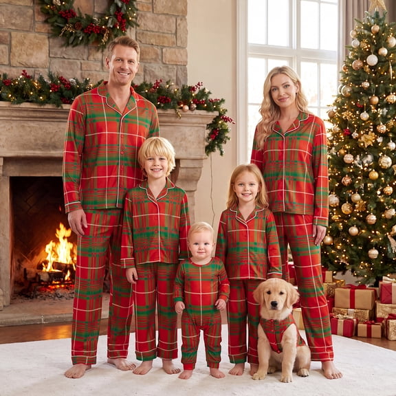 AIGUR Matching Family Christmas Pajamas, Long Sleeve Lapel Plaid Sleepwear Set for Adults, Kids, Baby Dog