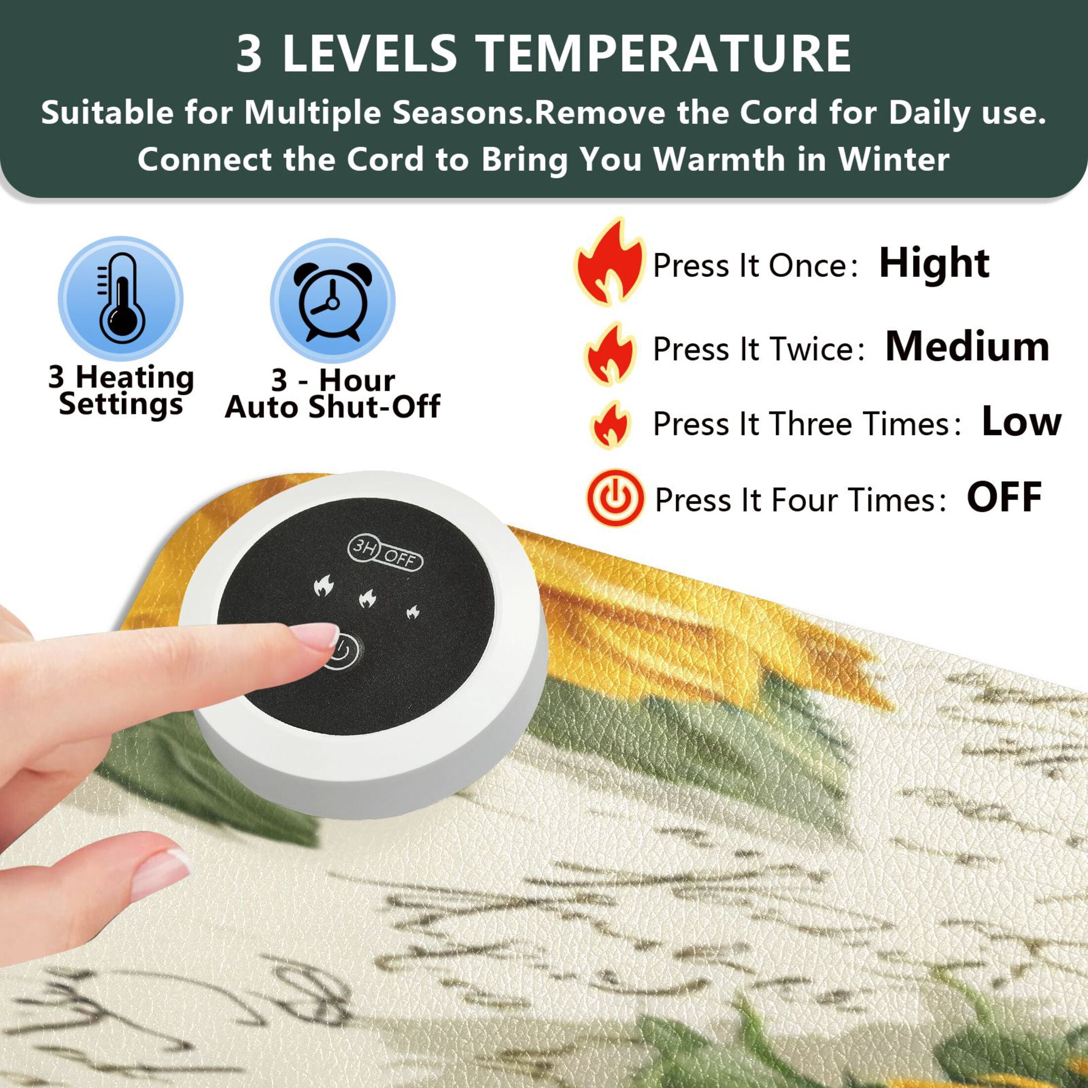 Large Heated Desk Mat Mouse Pad 31.5"x13"PU Leather Graphene Heating Desk Warmer with 3 Temperature Settings 110V US Plug Non-Slip Warm Pad for Home, Office, and Gaming Vintage Paper with Sunflowers