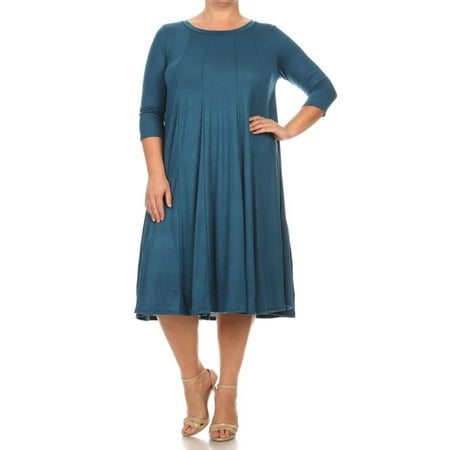 - NEW MOA Women's Casual Solid & Print Plus Size 3/4 Sleeve A-line Midi Dress/Made in USA
