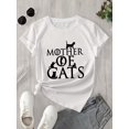 thumbnail image 1 of Women's 100% Cotton Casual Short Sleeve T-Shirt - "Mother of Cats" Graphic Print with Cat Silhouettes, White with Black Lettering, Spring Summer Machine Washable Top, 1 of 5