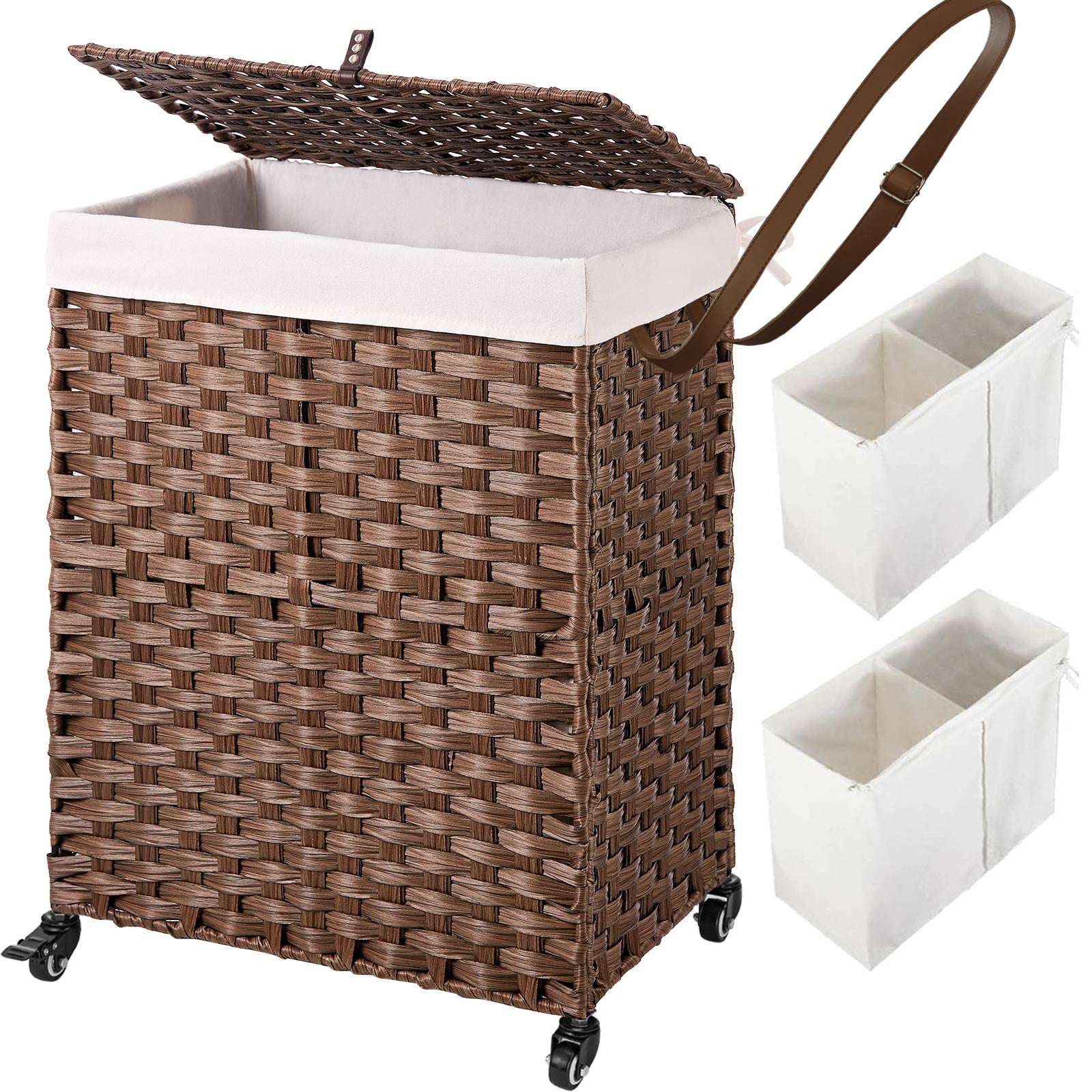 Rolanstar 90L Laundry Hamper with Wheels, No Install Needed, Divided Handwoven Hampers & 2 Removable Liner Bags, Synthetic Rattan Clothes Laundry Basket with Lid & Handles, Foldable Hampers Brown