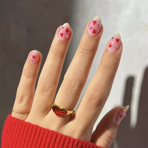 Valentine Press on Nail Almond Fake Nail Glossy Design False Nail Full Cover Artificial Acrylic Nail 24pcs 12Sizes