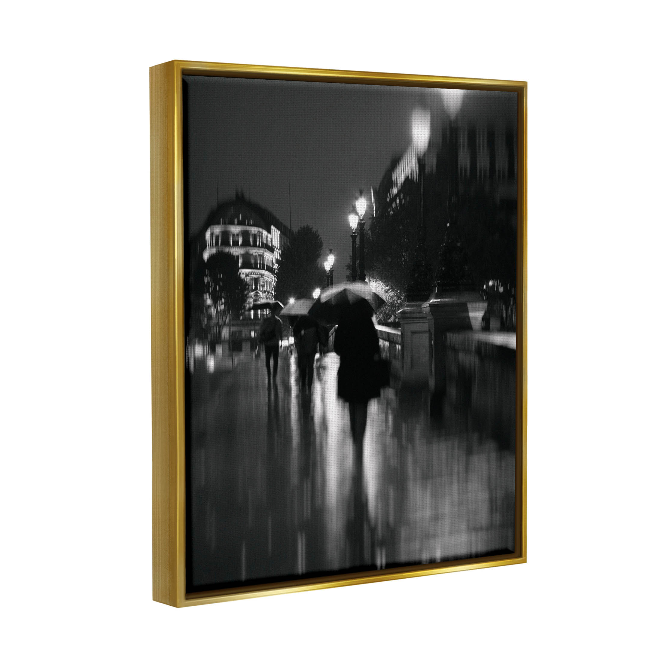 Walking In Rain Urban Buildings Town & City Photograph Metallic Gold Framed Art Print Wall Art