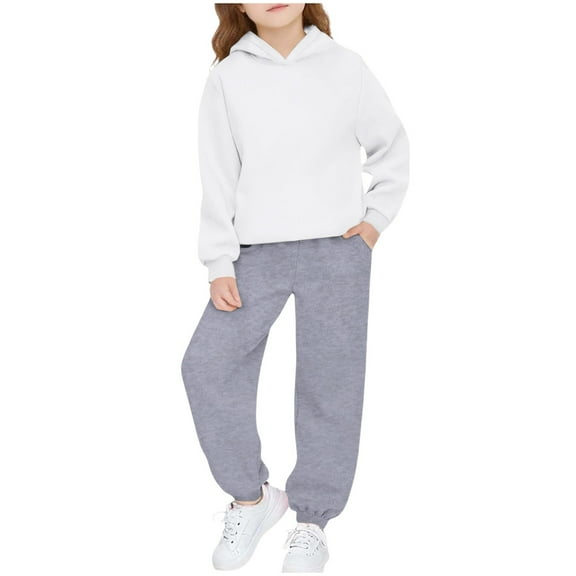 vdgthytj Unisex Kids 2 Piece Sweatsuits Hooded Sweatshirts and Jogger Pants Solid Fall Winter Athleisure Outfits(12-13Years,White)