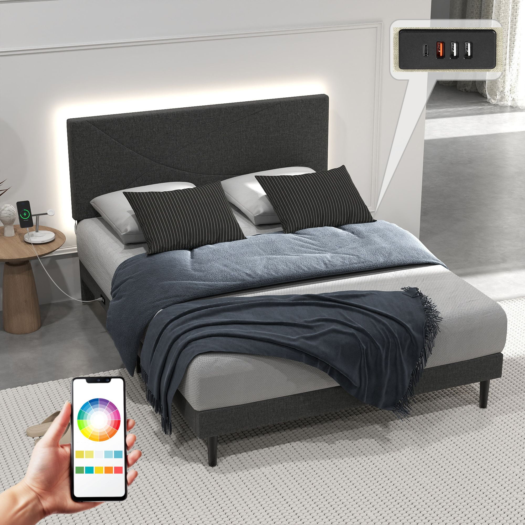 Homy Casa Upholstered Queen Bed with Tech Charging and LED Lights, Modern Headboard, Grey
