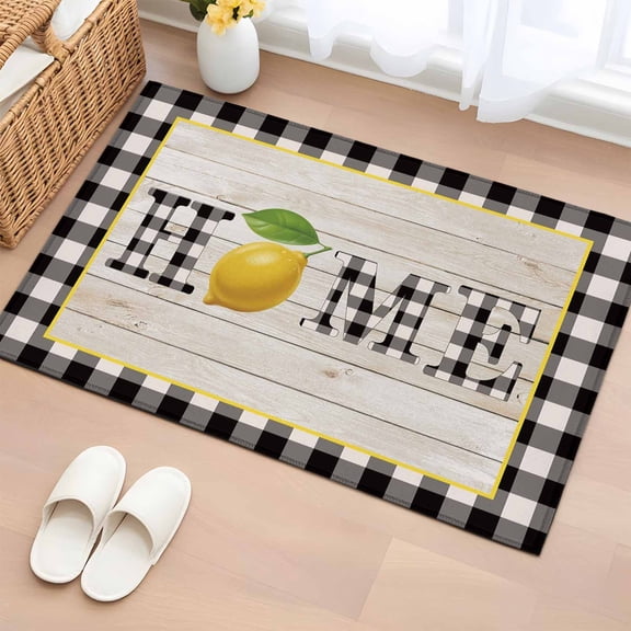 Entryway Rug 2'x3', Lemon Small Rug for Kitchen Bathroom Door Mat Indoor Entrance, Summer Botanical Black White Plaid Pastoral Wooden Non-Slip Area Rugs Floor Mats Carpet Front Door Rugs