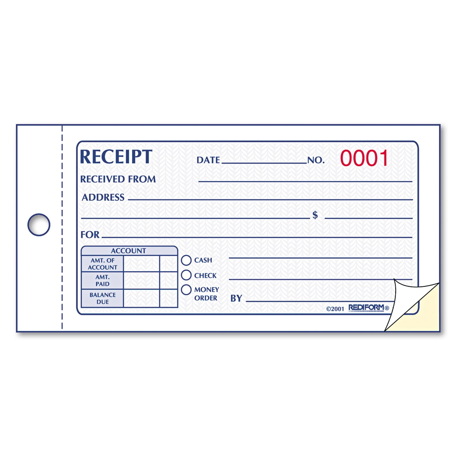 Rediform, 50 Set Money Receipt 2/Part Collection Forms, 1 Each, White,Yellow, RED8L820