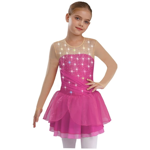 Doomiva Kids Girls Figure Ice Skating Dress Rhinestones Splice Mesh Long Sleeve Tutu Skirted Leotard Dance Dress Hot Pink 10
