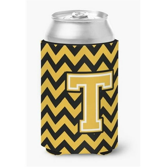 Letter T Chevron Black & Gold Can or Bottle Hugger, 0.25 x 4 x 5.5 in.