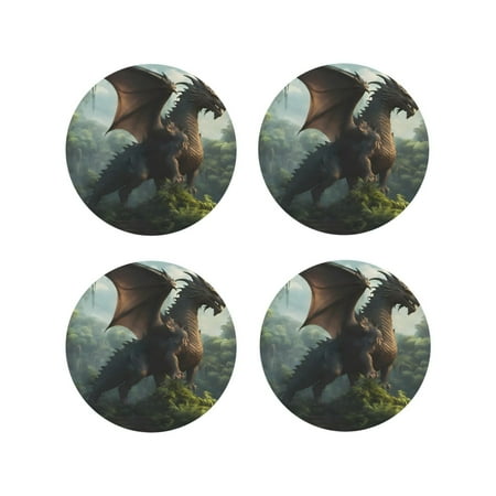

Fuzoiu Forest Stone-Colored Dragon Print Leather Coasters Set Drink Coasters Set of 4 for Tabletop Protection Durable PVC Coasters Home Décor and Housewarming Gift-Round Shape