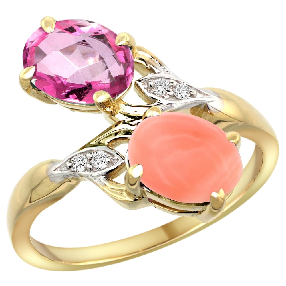 14k Yellow Gold Diamond Natural Pink Topaz & Coral 2-stone Ring Oval 8x6mm, sizes 5 10 by WorldJewels
