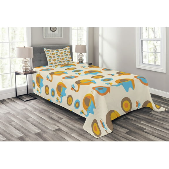 Ambesonne Cartoon Wall Quilted Bedspread Set 2 Pcs, Butterfly, Twin Size, Orange Taupe Blue