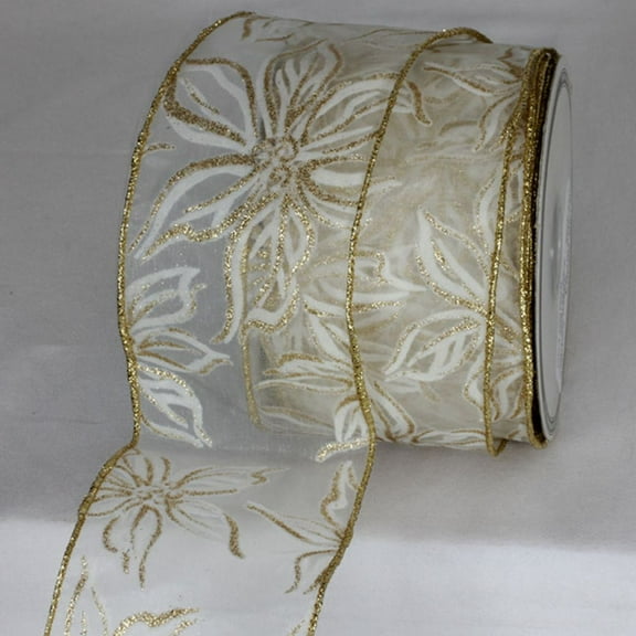 The Ribbon People Ivory and Gold Poinsettia Sheer Metallic Christmas Wired Craft Ribbon 3" x 20