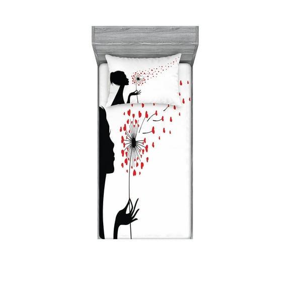 Ambesonne Dandelion Fitted Sheet & Pillow Sham Set, Woman with Dandelion, Twin, Vermilion Black White