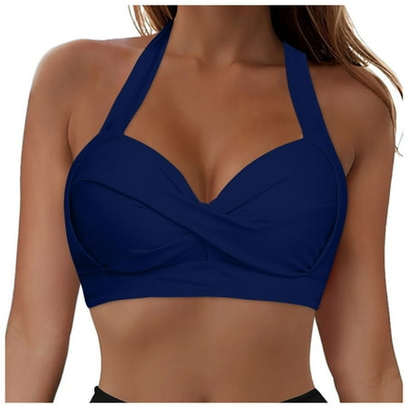Hauetro Women Bikini Top Push Up Swim Top Halter Retro Bathing Suit Top Padded Swimsuit Top Only(Dark Blue S)