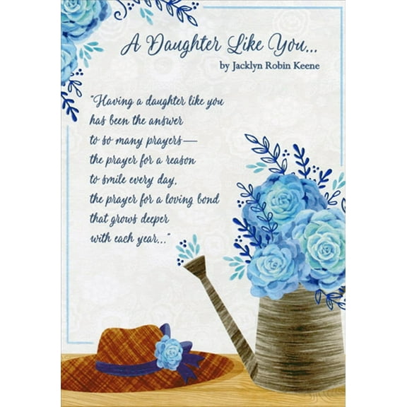 Designer Greetings Blue Flowers in Watering Can and Gardening Hat Religious / Inspirational Birthday Card for Daughter