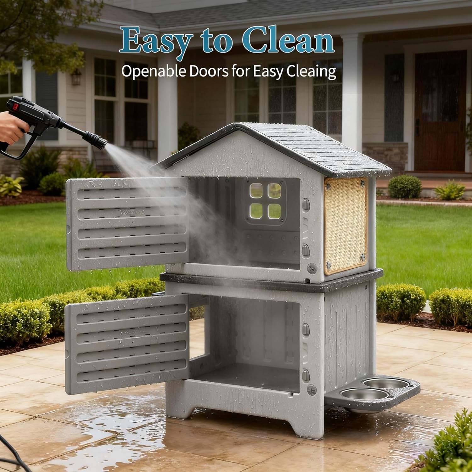 Outdoor Cat House, 2-Story Waterproof Cat House for Outdoor Cats with Escape Door, Elevated Feral Cat House Indoor, Sturdy Stainless Steel Bowl & Scratching Post, Clean Easily