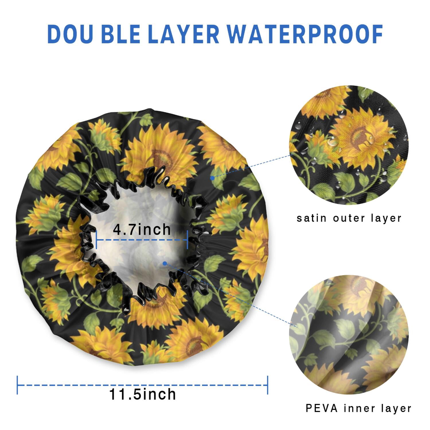 Shower Caps,Black Green Stem Sunflower Pattern Waterproof Shower Cap for Women 4 Pieces,Double Reusable Hair Cover for Shower PEVA Elastic Stretch Hem