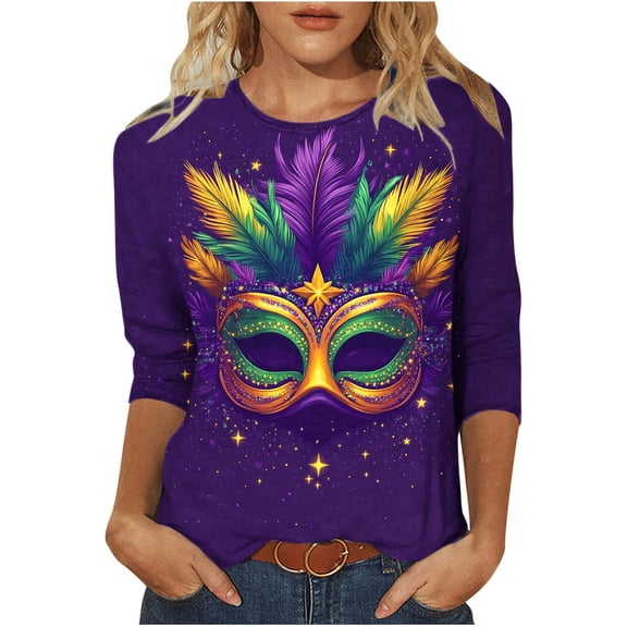 Ecqkame Mardi Gras Shirts For Women Carnival Graphic Print 3/4 Sleeve Round Neck Party Tops Casual Loose Blouses Purple XL