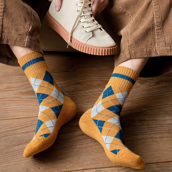 Yellow Socks Winter Men Socks Diamond Lattice Terry Middle Tube Stocking