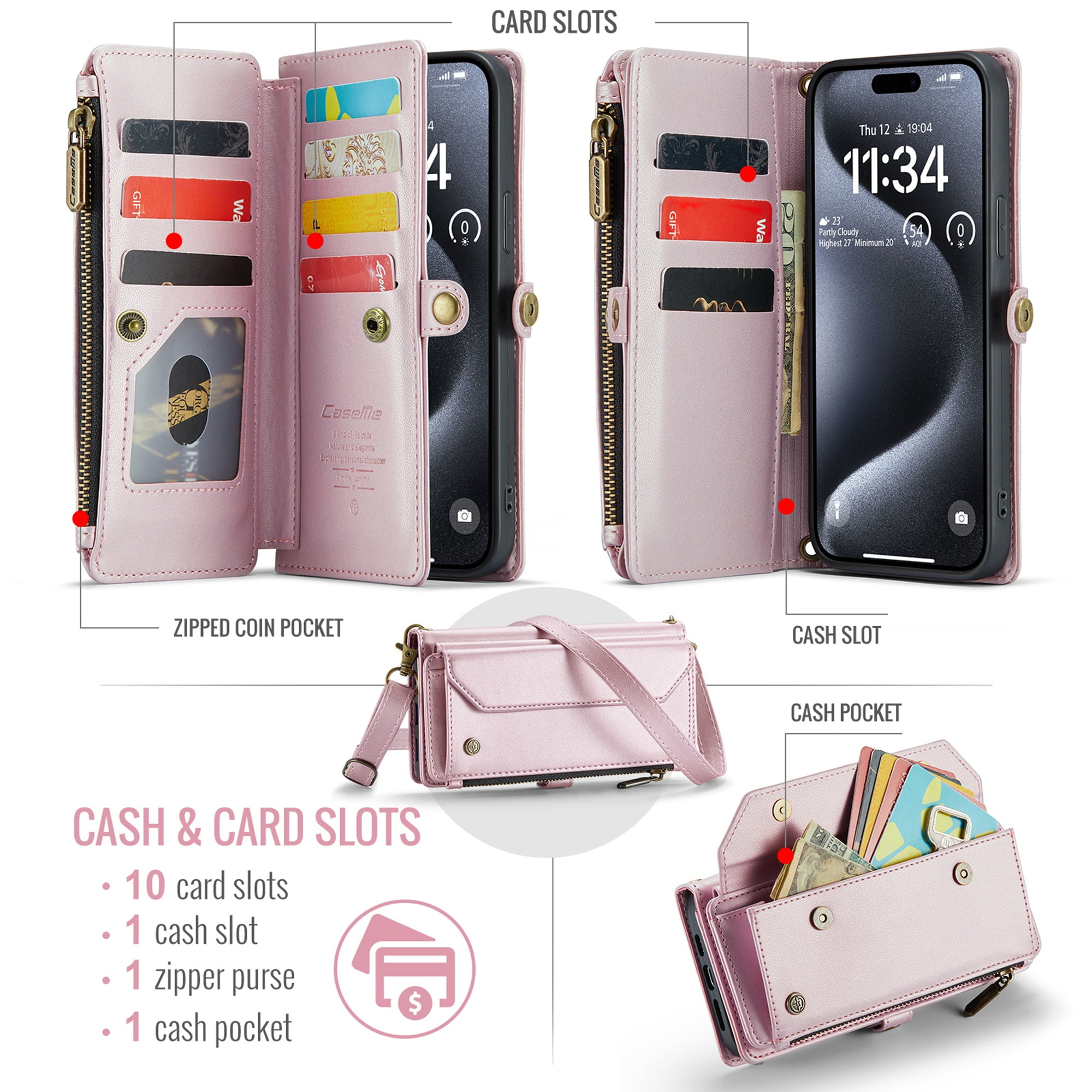 Dteck Crossbody Wallet Case for iPhone 16 RFID Blocking 10-Card Holder Soft PU Leather Magnetic Snap Shoulder Strap Zipper Pocket Phone Case Fit for iPhone 16,Pink
