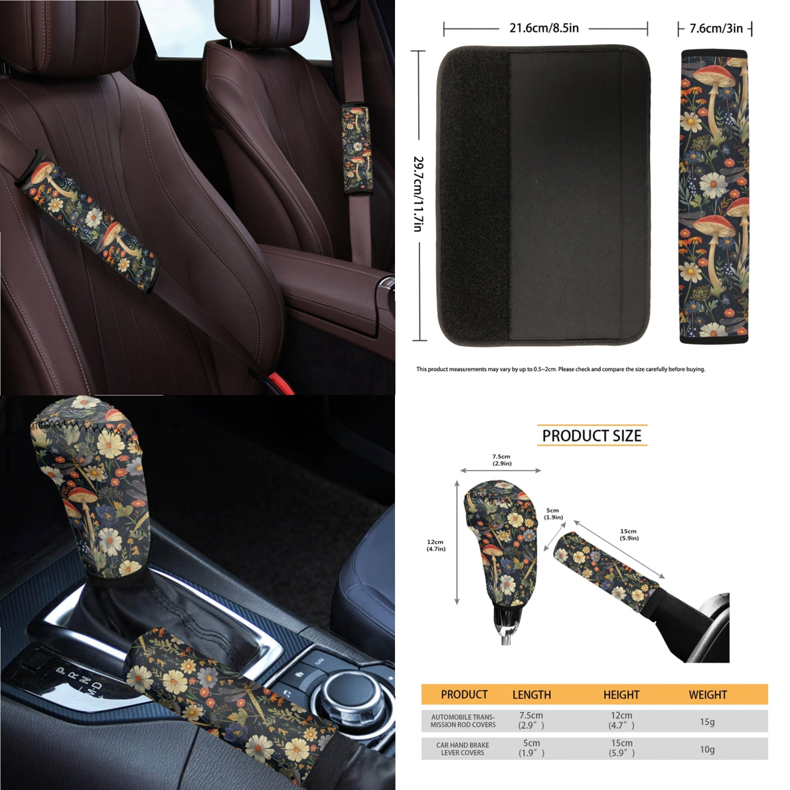 Jeiento Aesthetic Mushroom Car Seat Covers Front Rear Full Set Steering Wheel Cover Seat Belt Pads Coasters Waste Bin Armrest Cover Cup Holders Rearview Mirror Cover Handbrake Cover Set, 14 PCS