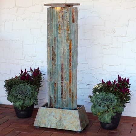 Natural Slate Water Wall - Sunnydaze Floor Water Fountain Tower, Indoor/Outdoor Use, Natural Slate, 49-Inch Tall