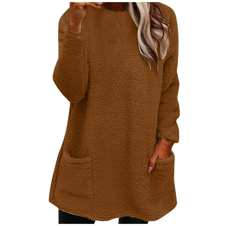 Womens Winter Fleece Tunic Tops to Wear with Leggings Plush Crewneck  Pullover Plus Size Solid Color Sweaters for Women 