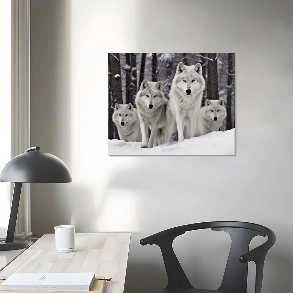 COMIO  Snow Wolf Canvas Wall Art - Wolf Family Sit on the Snowfield Painting Wild Animals Winter Forest Artwork Picture for Children Rooms Office Kitchen