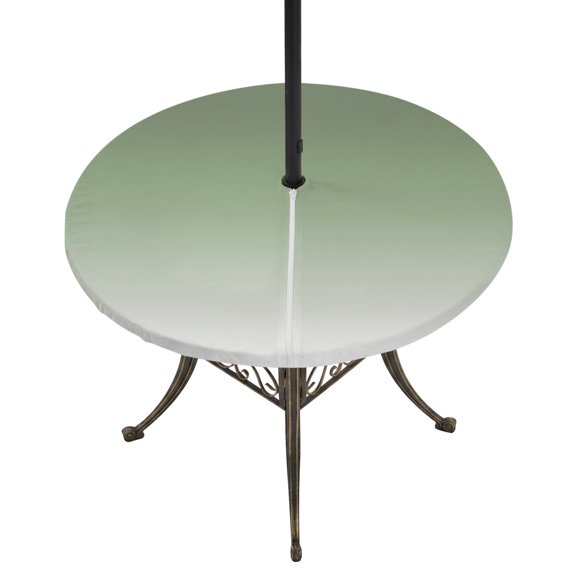 Round Outdoor Tablecloth with Umbrella Hole and Zipper, Sage Green Fitted Table Cover with Elastic Edge for 55-60 Inch, Farmhouse Sage Green Ombre Waterproof Patio Tablecoths for Picnic