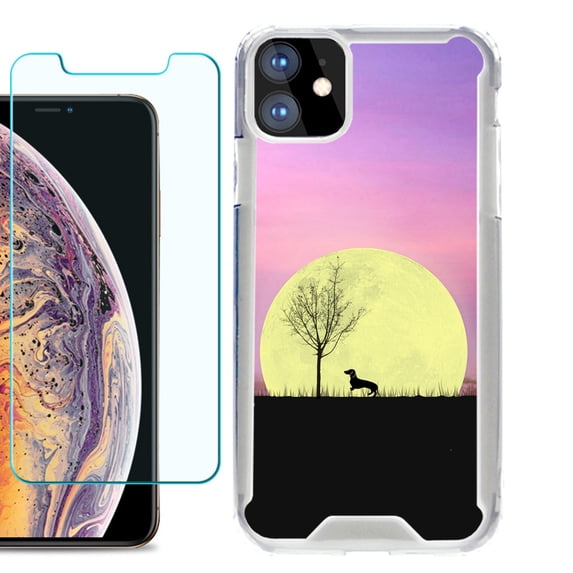 For Apple iPhone 11 Case, Hybrid Bumper Phone Case, with Tempered Glass Screen Protector, by OneToughShield ® - Moonlight Dachshund