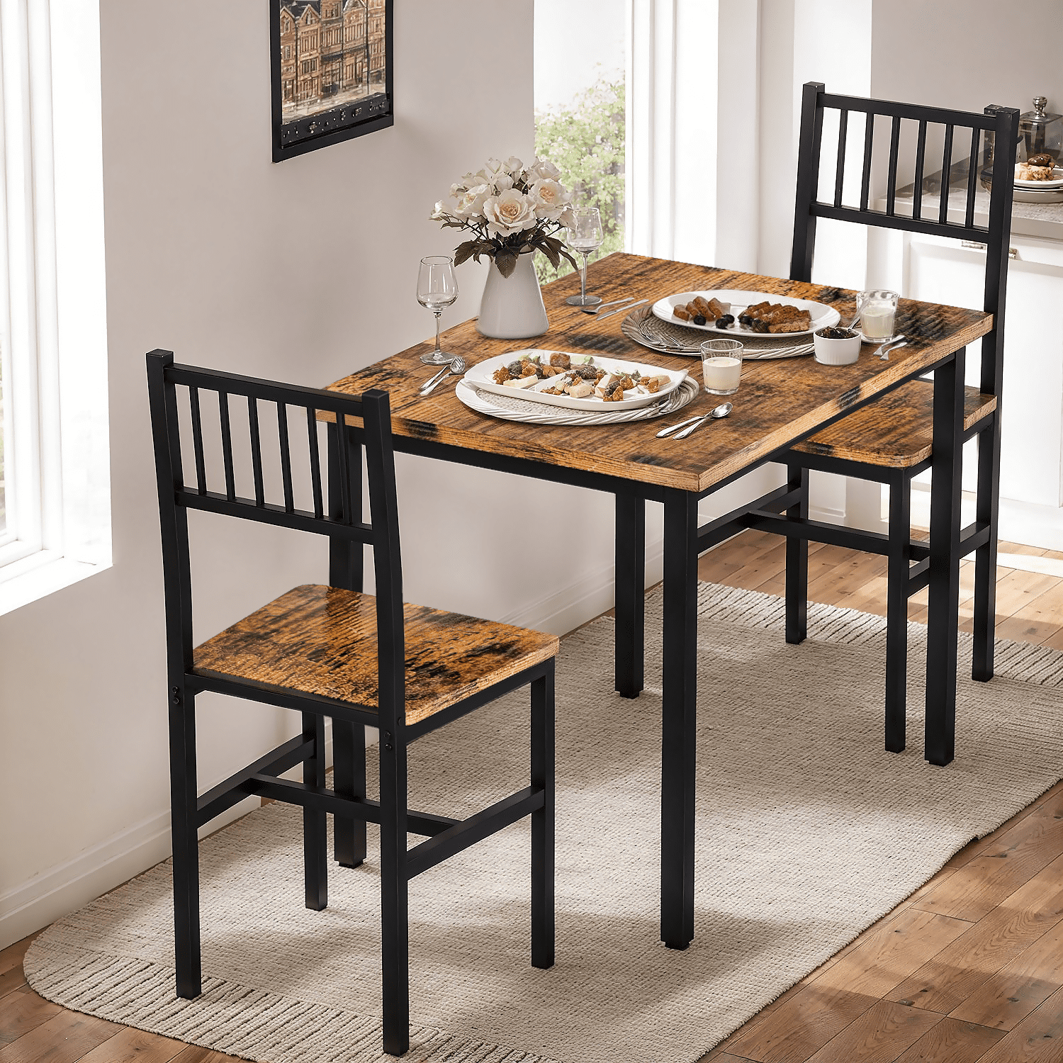 Lamerge 3 Piece Dining Table Set, Industrial Kitchen Table and 2 Chairs with Metal Frame, Dining Room Table Set, Breakfast Table Set for Small Space, Dining Room, Kitchen, Rustic Brown