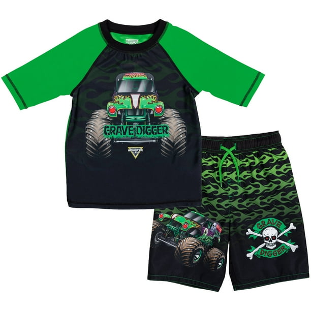 Monster Jam Grave Digger Little Boys Rash Guard and Swim Trunks Outfit Set Black 5