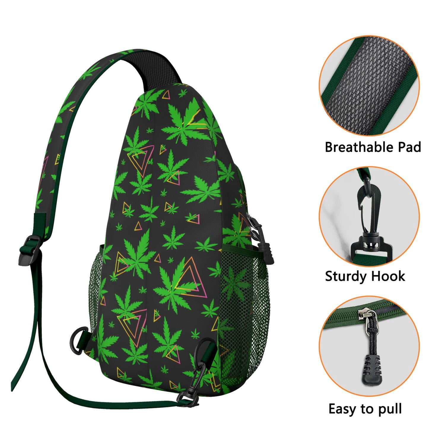 Colorful Weed Sling Bag for Men & Women - Durable Chest Bag with Secure Zippers for Biking & Urban Use - Hemp Leaf & Marijuana Leaf Aesthetic