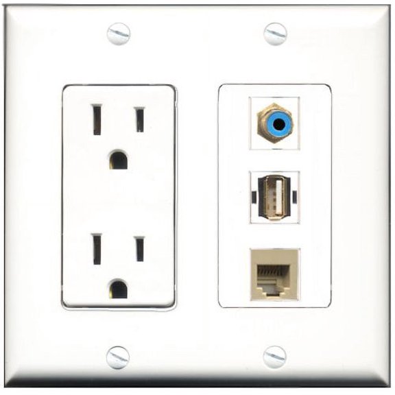 RiteAV - 15 Amp Power Outlet 1 Port RCA Blue 1 Port USB A-A 1 Port Phone Beige Decorative Wall Plate