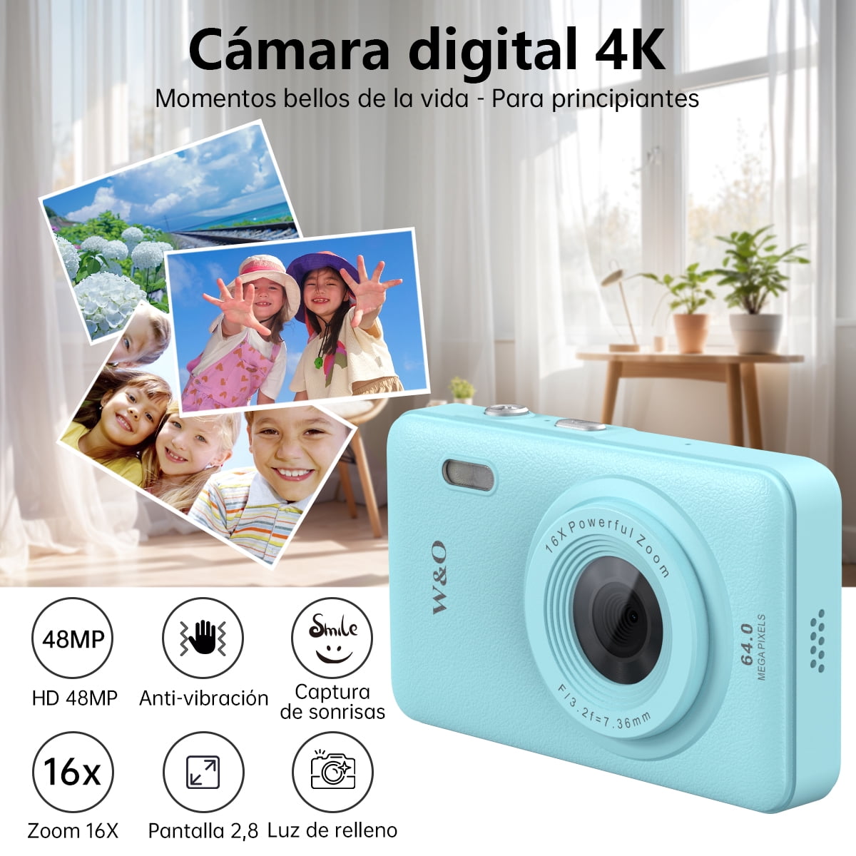 W & O Q3 Portable 16x Digital Zoom 48 MP CCD Point & Shoot Digital Camera with 32GB SD Card, Blue