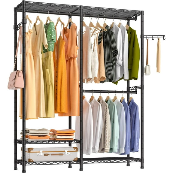 Heavy Duty Garment Rack, 3 Tiers Metal Adjustable Wire Shelves Closet Organizer and Storage Wardrobe Clothing Rack for Hanging Clothes with 2 Hanger Rods, Max Load 800LBS, Black