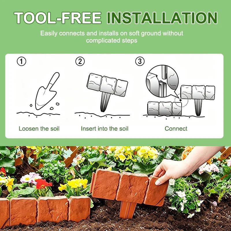 No Dig Landscape Edging – Plastic Garden Border for Flower Beds – Flexible Interlocking Lawn Edging – Weather Resistant Decorative Fence (Black,10PCS)