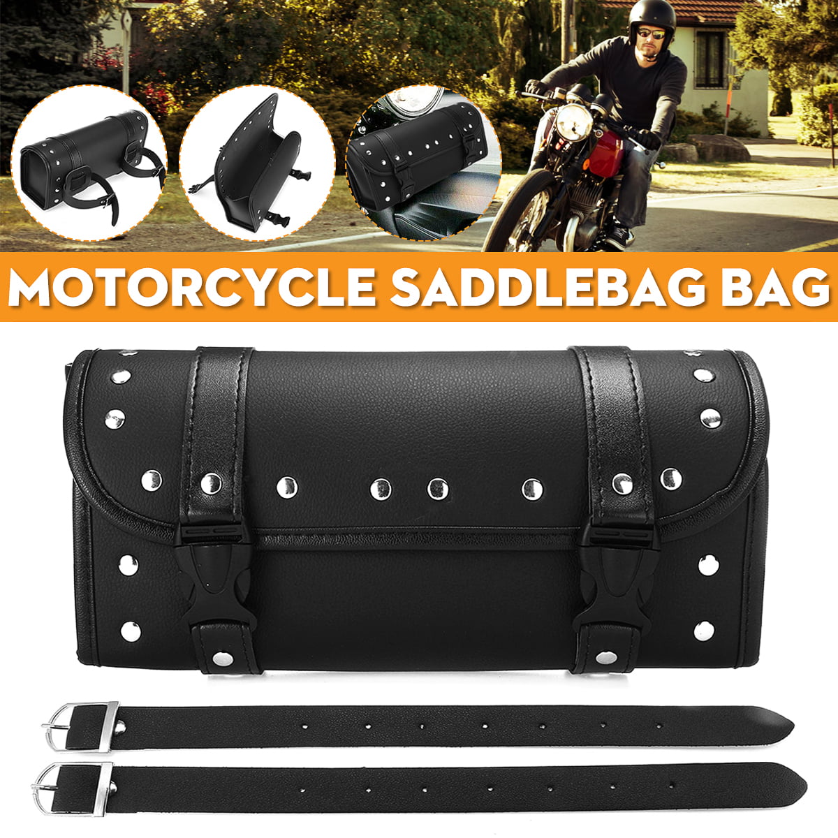 1Pcs PU Leather Motorcycle Tool Bag Luggage Handlebar Round Barrel Storage Pouch