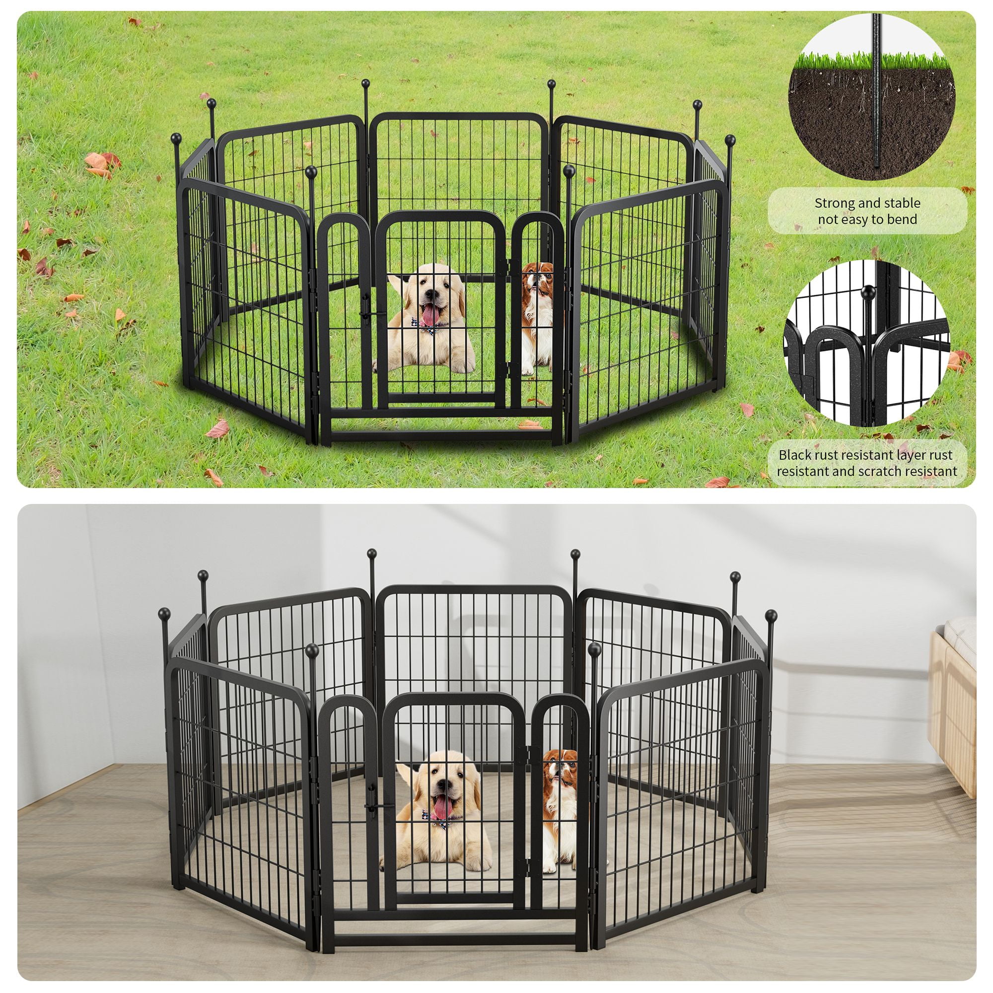 Pefilos Outdoor Dog Playpen 24" 8 Panels Indoor Dog Fence Metal Dog Pen Heavy Duty Pet Puppy Exercise Pen for RV Camping Garden Yard, Black