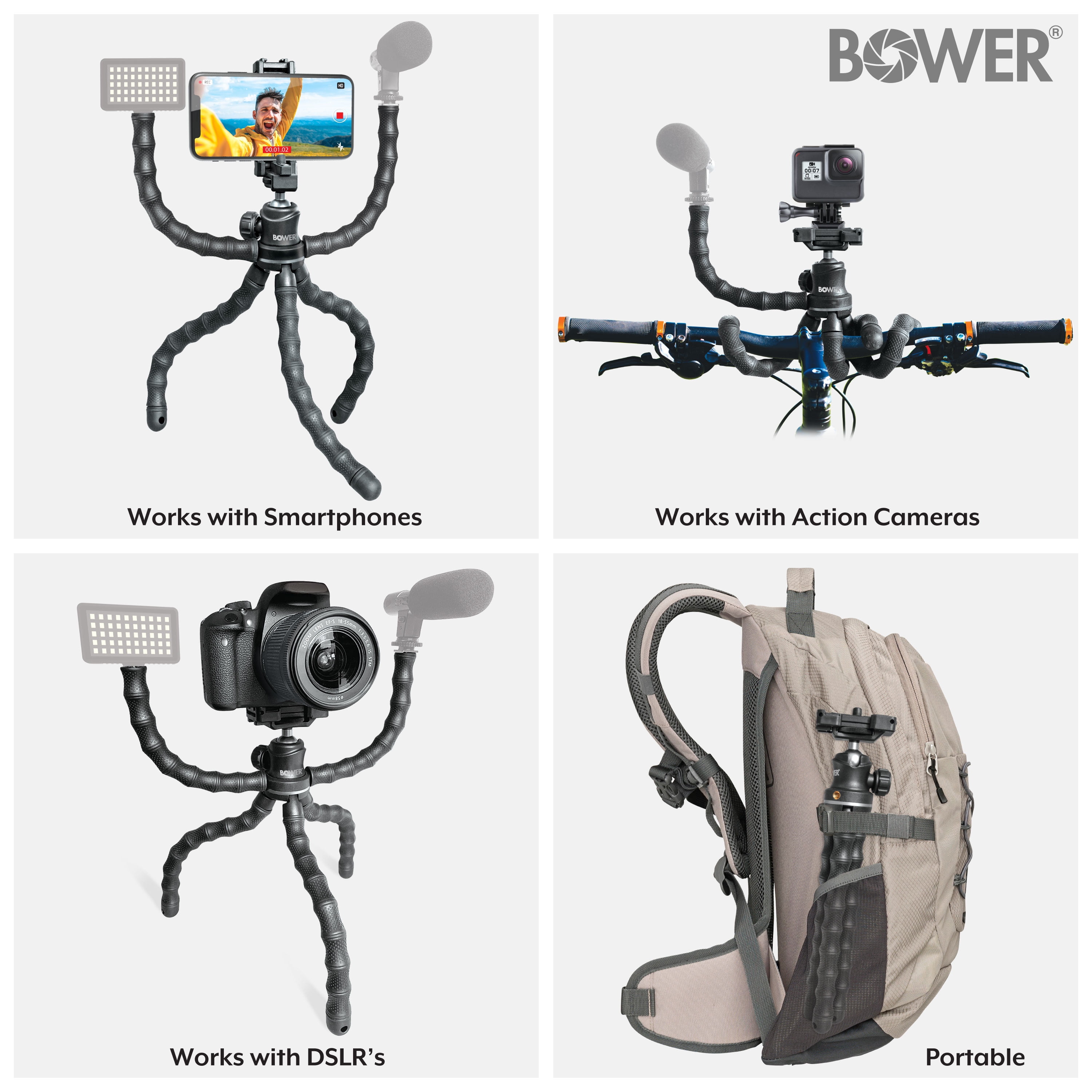 Bower 14- inch Grappling Vlogging Flexible Tripod with Ball Head for Content Creation; Black, ACCESSORY