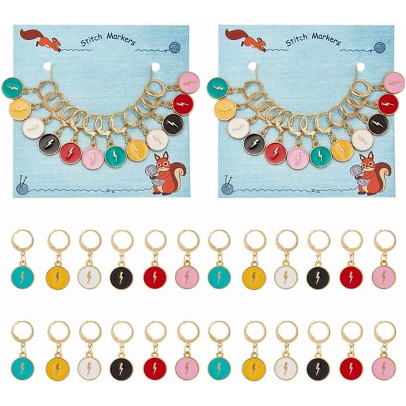 24 Pcs Flat Round with Lightning Stitch Markers Enamel Alloy Crochet Stitch Marker Charms 304 Stainless Steel Clasp Locking Stitch Marker