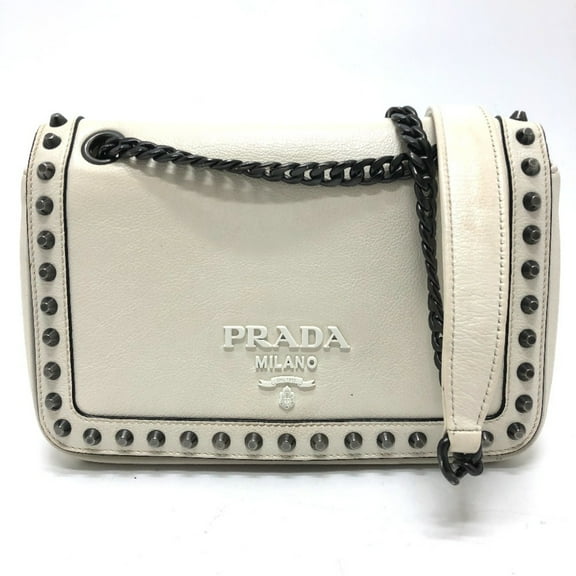 Pre-Owned PRADA 1BD147 Logo Stud Chain Shoulder Bag, 2-Way, Leather, Women's, White (Fair)